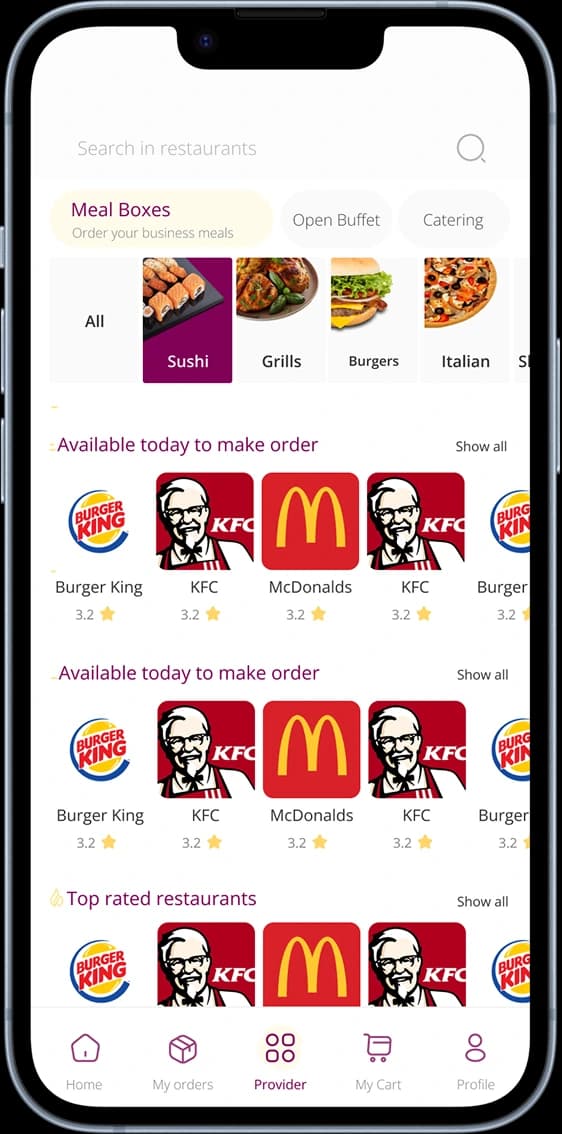 Business Meal App Home screen